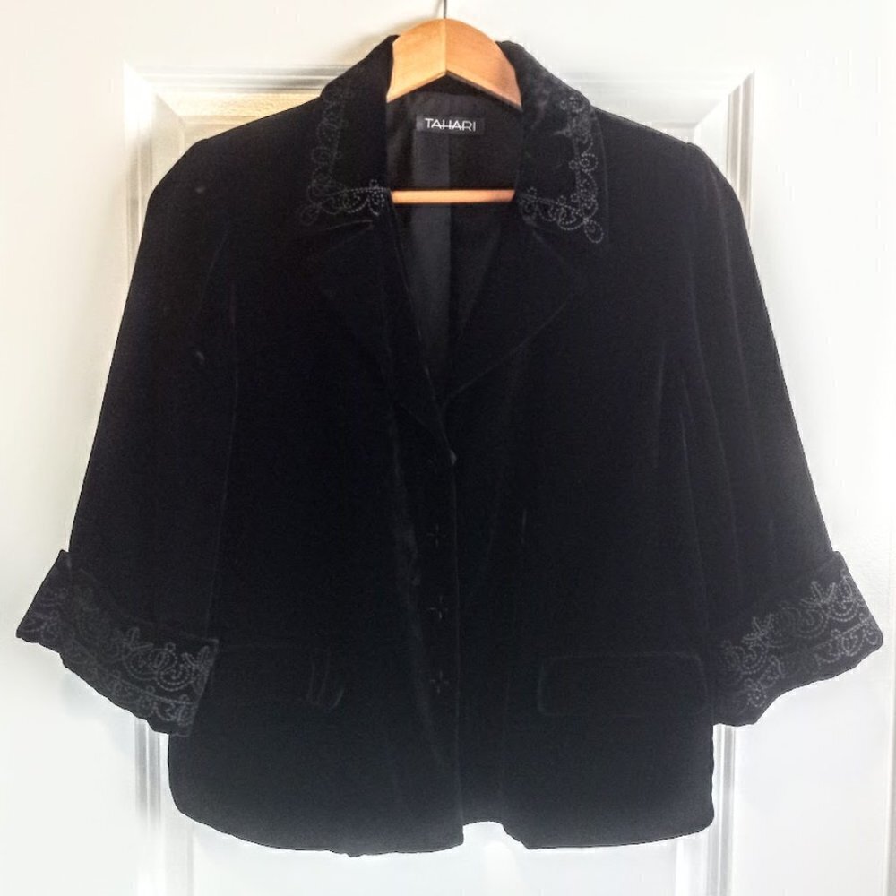 Tahari Black Silk Embroidered Velvet Jacket